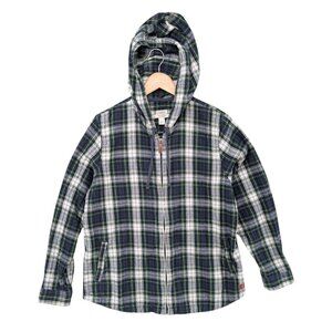 LL Bean Scotch Plaid Flannel Hoodie Womens Green Zip Up Lightweight Jacket Sz L